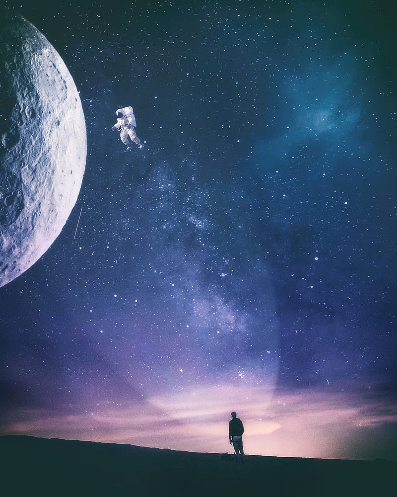 silhouette, astronaut, space, starry sky, view, HD phone wallpaper