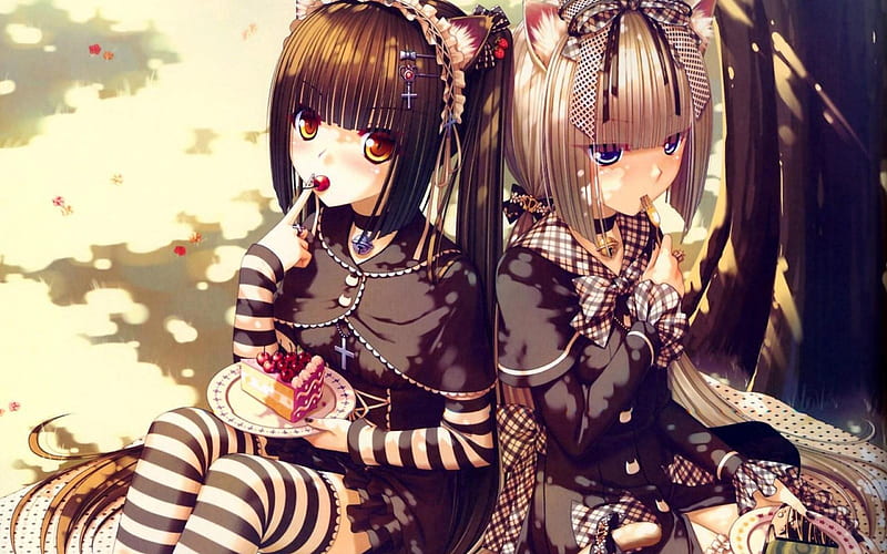 Neko Girls Chocola And Vanilla, cute, girl, neko, anime, ears, bonito, cat, moe, HD wallpaper