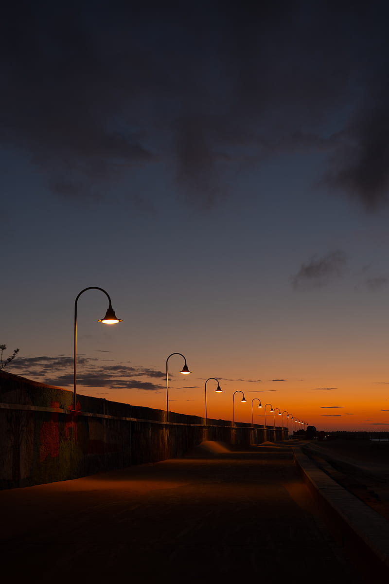 lanterns, road, evening, sunset, HD phone wallpaper
