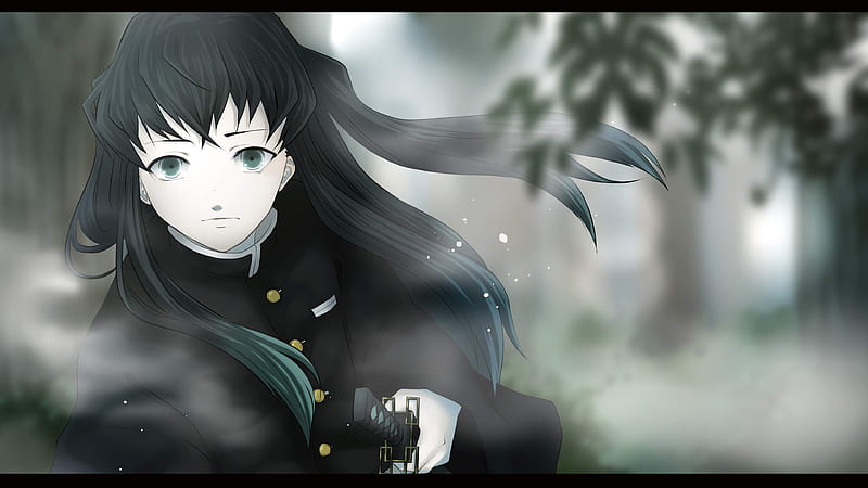 Demon Slayer Muichiro Tokito Wearing Black Dress With Long Black Hair With Shallow Background Of Trees Anime, HD wallpaper