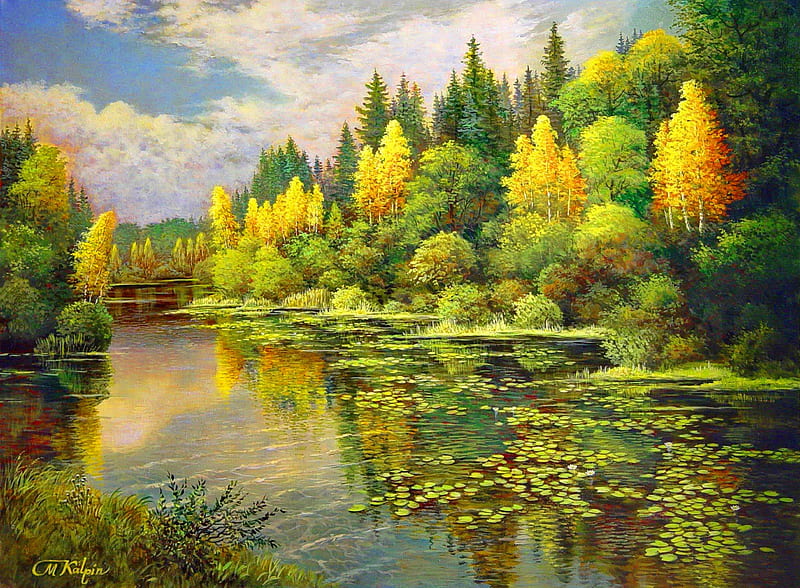 Beginning of autumn, fall, pretty, autumn, riverbank, shore, bonito, clouds, mirrored, nice, painting, river, reflection, forest, lovely, view, colors, beginning, sky, trees, lake, pond, HD wallpaper