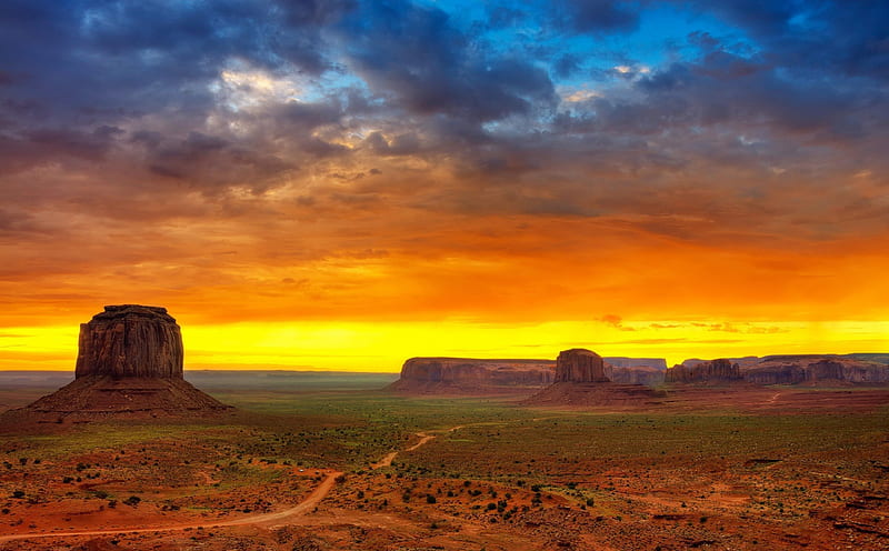 Monument Valley, USA, mountains, colors, sunset, clouds, sky, landscape, HD wallpaper