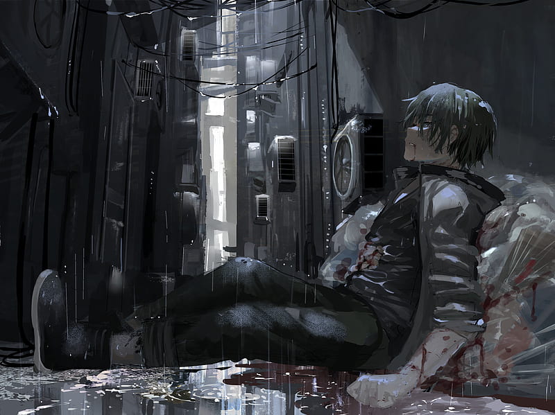 anime boy, darkness, lonely, raining, sadness, after-fight, Anime, HD wallpaper