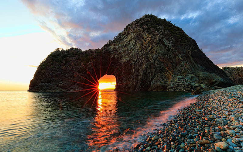 Beautiful rock arch, coast, Pacific Ocean, USA, evening, sunset, sun rays, HD wallpaper