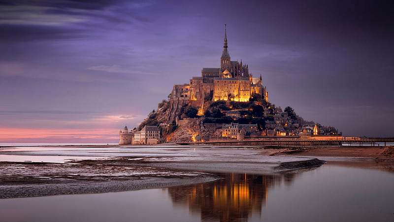 France Monastery Mont Saint-Michel Normandy Reflection Travel, HD wallpaper