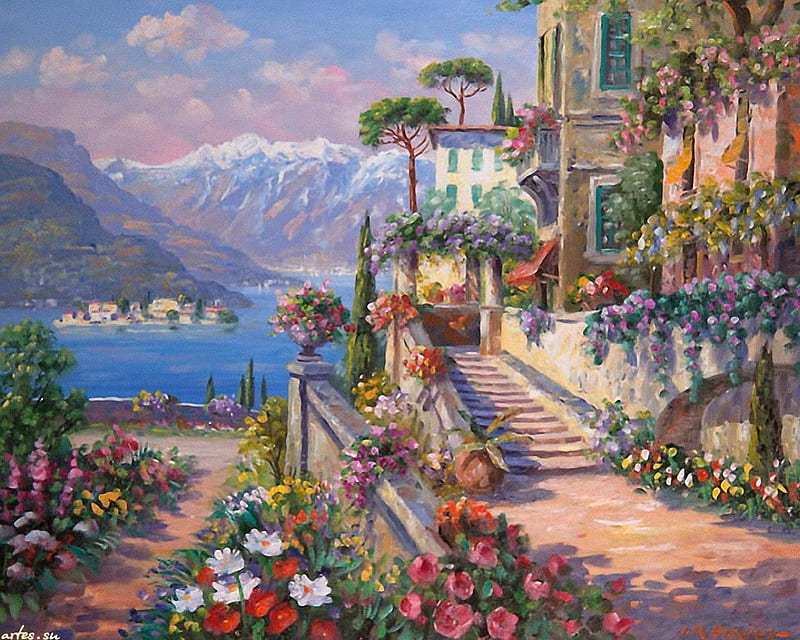 Mediterranean View, fantasy, mountains, houses, path, trees flowers, sea, HD wallpaper