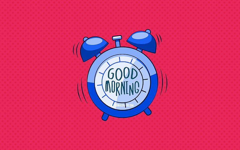 Good Morning, blue alarm clock pink dotted backgrounds, good morning wish, creative, good morning concepts, minimalism, good morning with clock, HD wallpaper