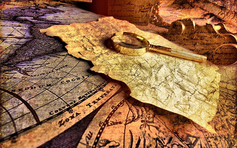 Set of Maps, binoculars, 3d, maps, magnifying glass, direction, cg, journey, abstract, HD wallpaper