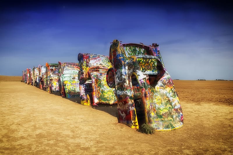 Desert, Car, Colors, Colorful, Graffiti, Dirt, Texas, Wreck, Vehicles, Weird, HD wallpaper