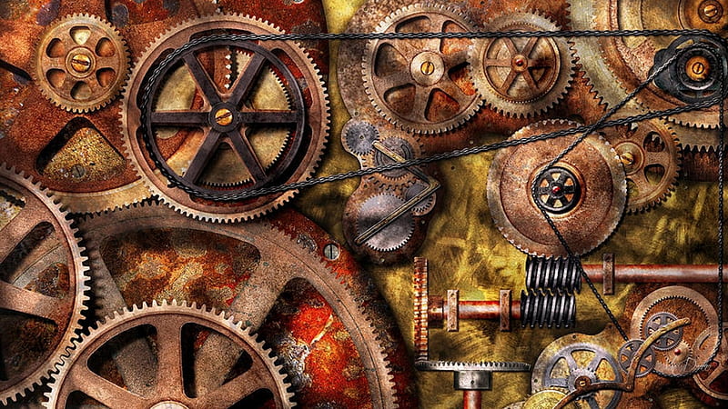 Steampunk Gears and Chains, sprockets, brass, chains, bronze, science fiction, mechanical, gears, technical, Firefox Persona theme, HD wallpaper