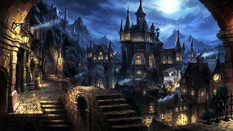 Black Castle, dark, night, art, building, moon, digital, stairs, HD wallpaper