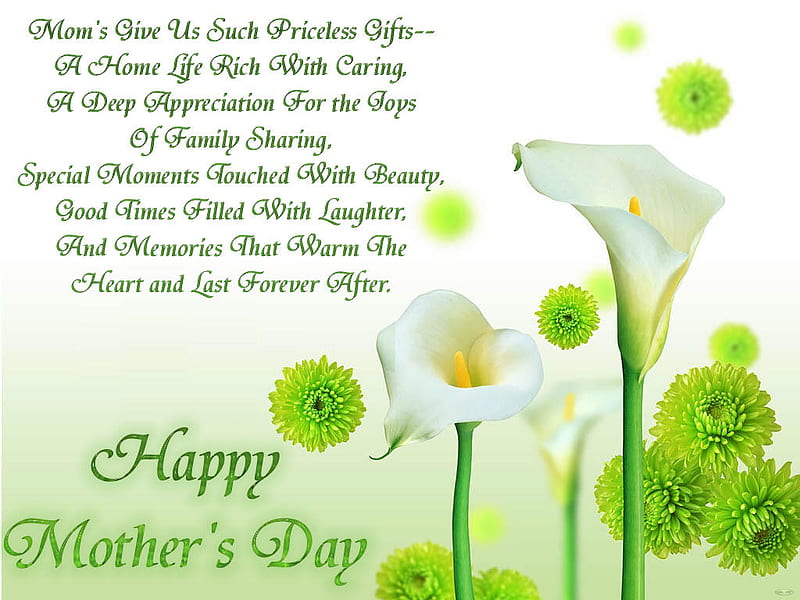 In appreciation, poetry, green, mom, words, calla lillies, bonito, white, mothers day, HD wallpaper