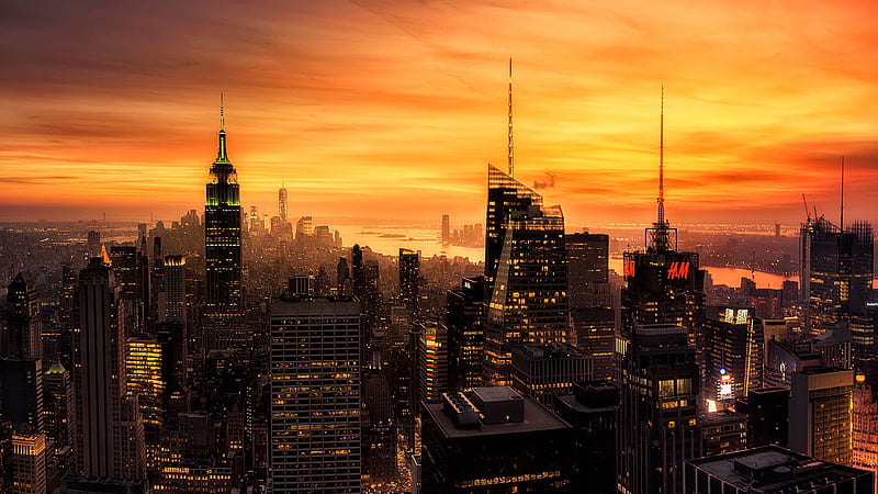 City With High Rising Buildings Under Yellow Sky During Sunset New York, HD wallpaper