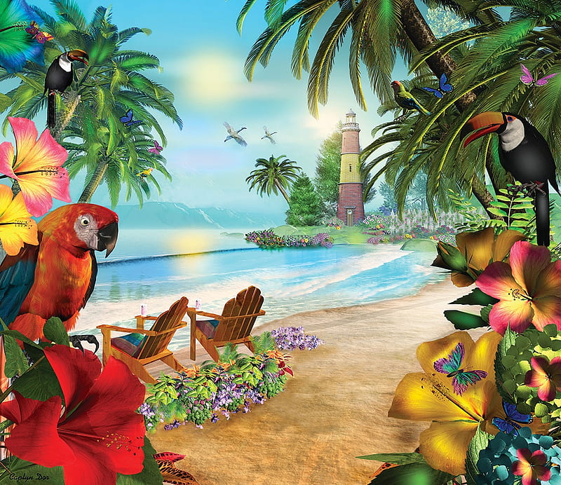 Island Palms, ocean, birds, jigsaw, puzzle, island, palms, HD wallpaper