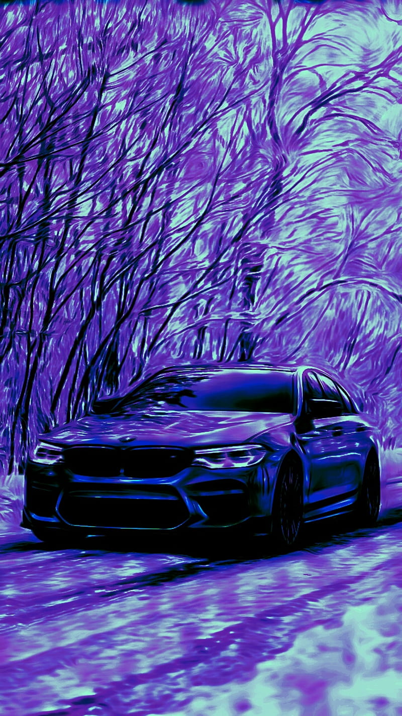Purple BMW, bmwm4, car, cold, night, road, snow, winter, HD phone wallpaper