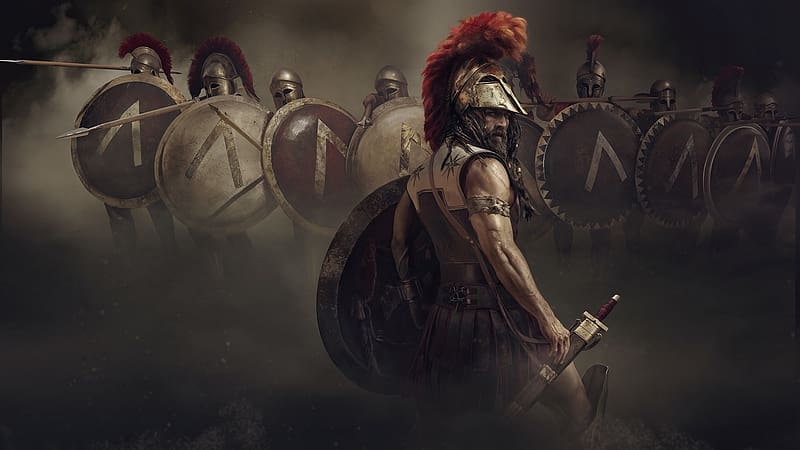 Spartans, art, sparta, man, helmet, army, fantast, warrior, armor, HD wallpaper