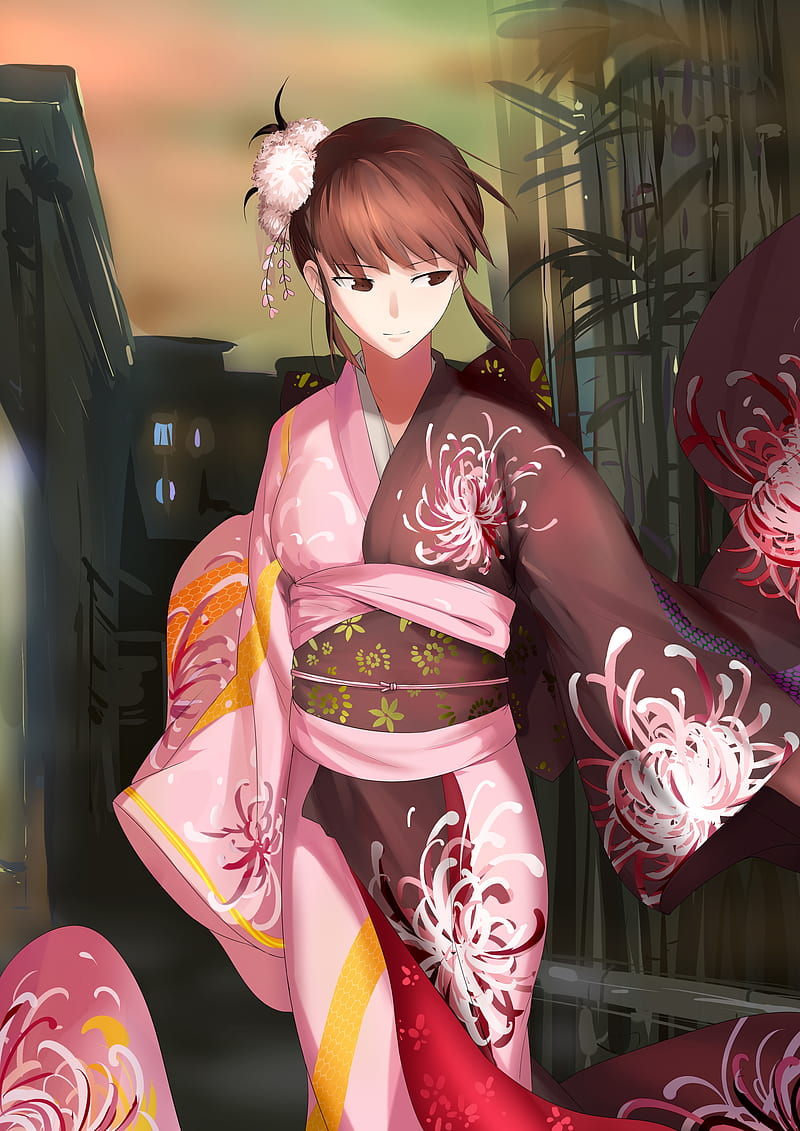 ryougi shiki, kimono, brown hair, kara no kyoukai, fate grand order, Anime, HD phone wallpaper