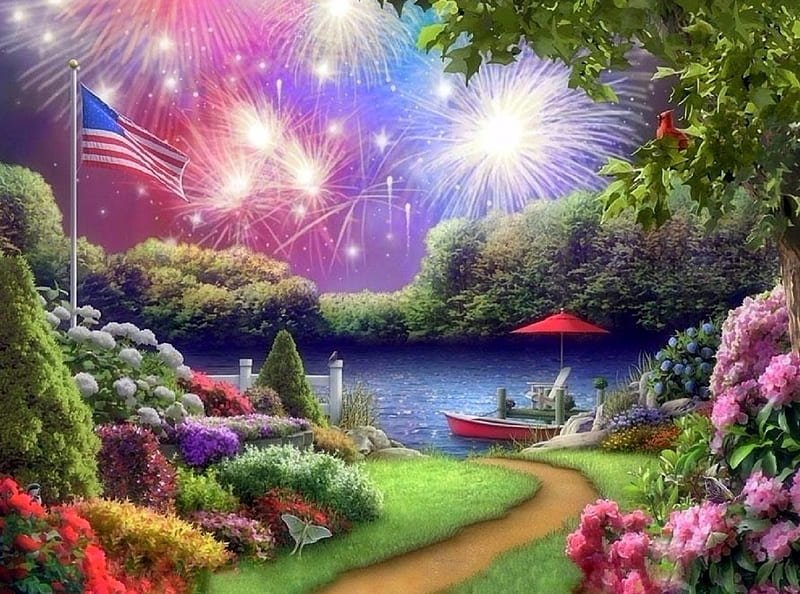 Peaceful Celebration, lakes, love four seasons, attractions in dreams, boats, parks, walkway, flag America, fireworks, flowers, nature, butterfly designs, HD wallpaper