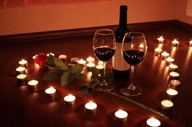 Our romantic evening my love, feeling, romance, romantic evening, rose, bottle, wine, glasses, i love you, candles, red rose, warmth, love, heart, light, emotion, HD wallpaper