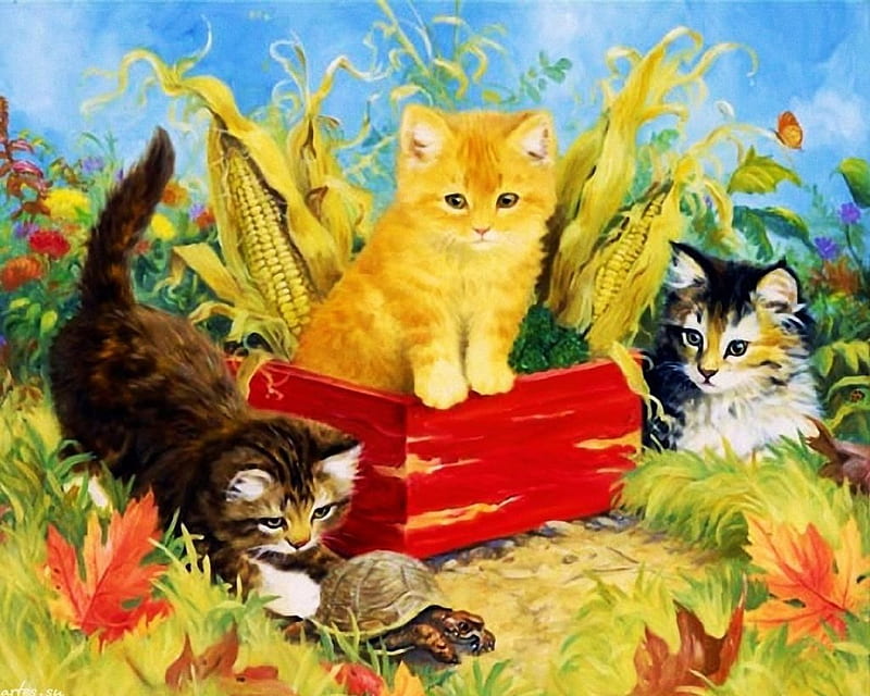 Playful Kitties, plants, painting, garden, turtle, cats, artwork, HD wallpaper