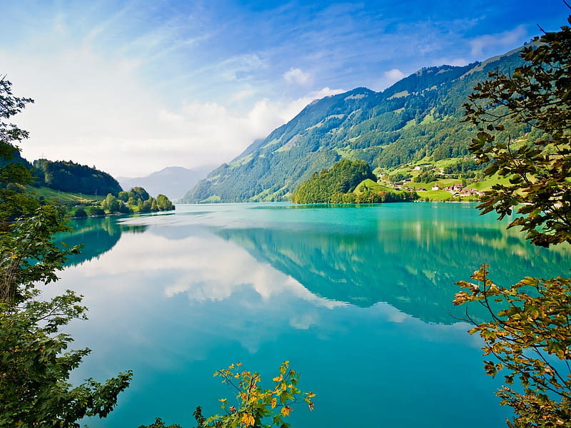 Beautiful Lake, high definition, clouds, beautiful day, foliage, nice, mounts, landscapes, beauty, morning, reflection, rivers, alps, sky, trees, lagoons, panorama, water, cool, mountains, awesome, fullscreen, white, scenic, beautiful, laguna, europe, leaves, waterscapes, green, mirror, scenery, blue, amazing, lakes, view, leaf, day, nature, reflected, scene, HD wallpaper