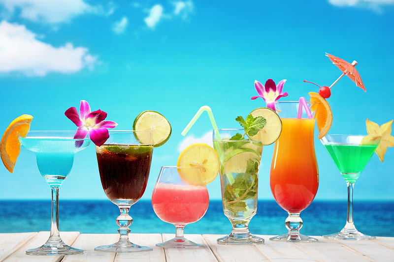 Summer, cocktail, summer time, fresh, sky, clouds, starfish, sea, fruit, beach, paradise, drink, nature, tropical, HD wallpaper