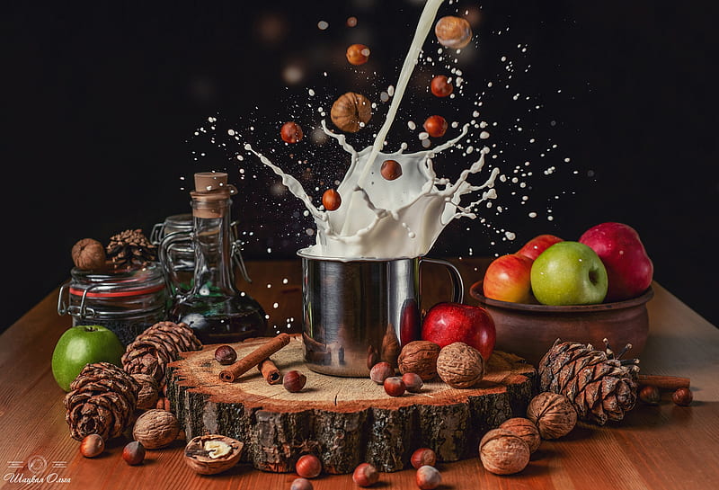 Food, Milk, Apple, Nut, Still Life, HD wallpaper