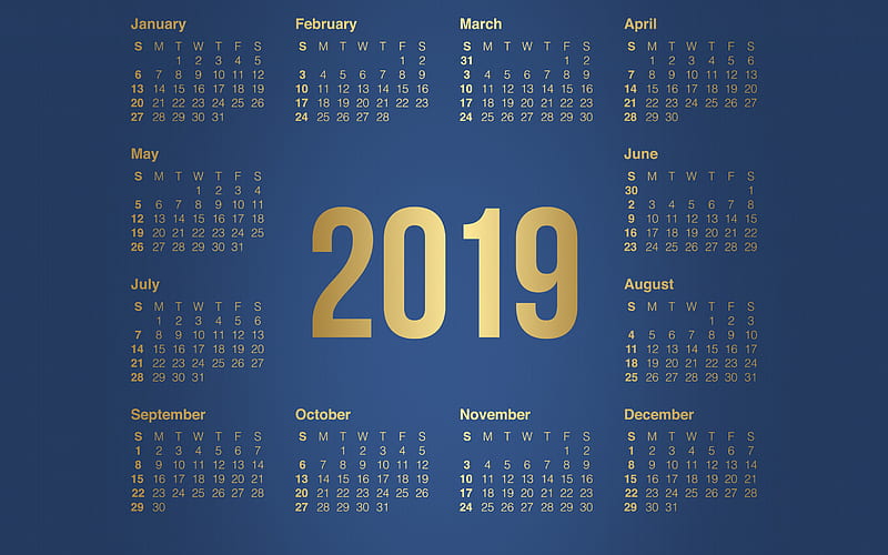 2019 Calendar, golden letters, blue 2019 calendar, all months, english calendar, HD wallpaper