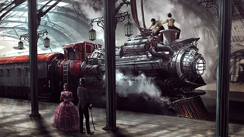 People, Sci Fi, Train, Locomotive, Train Station, Steampunk, HD wallpaper
