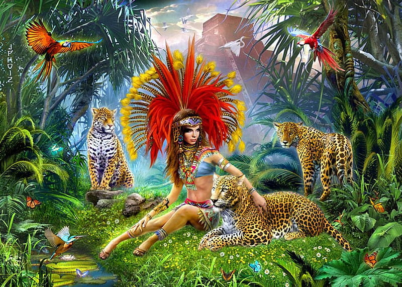 Queen of Leopards, jungle, butterflies, trees, woman, cats, artwork, HD wallpaper
