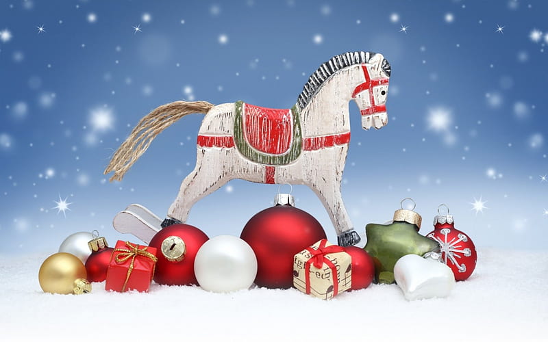Holy Holiday, ornaments, decoration, toy, new year, horse, doll, merry christmas, balls, snow, 2014, gifts, wood, HD wallpaper
