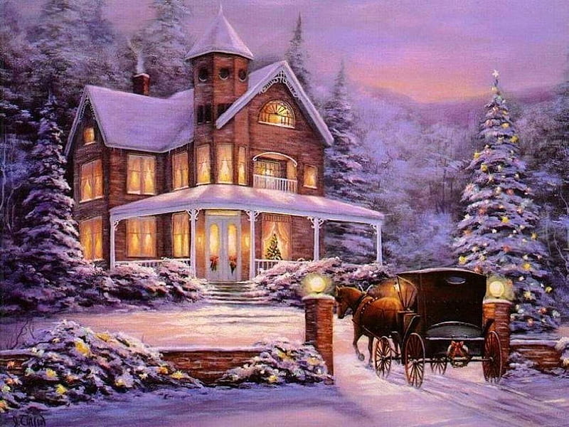 Christmas Joy, christmas, trees, horse, sky, bushes, carriage, lights, porch, snow, decorations, painting, smoke, chimney, steps, HD wallpaper