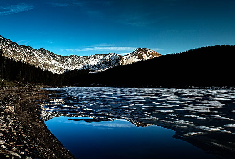 As Night Approaches, snow, mountains, ice, reflections, lake, blue, winter, landscape, HD wallpaper