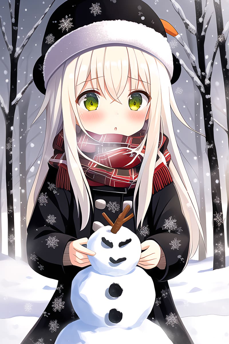 Anime girl, white hair, animal ears, winter, snow, tail, snowmans, Anime,  HD phone wallpaper | Peakpx