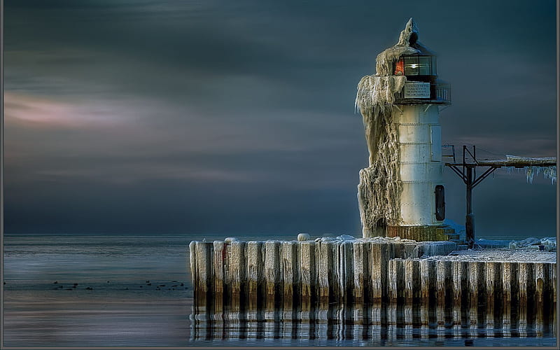 lighthouse, ice, winter, lake michigan, HD wallpaper