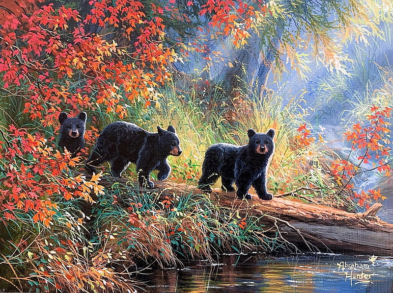 Triplet Trouble, forest, autumn, leaves, colors, bears, cubs, river, artwork, painting, HD wallpaper