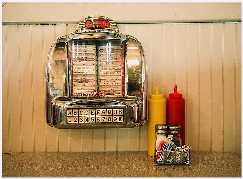 I remember, juke box, table, mustard container, salt and pepper, resturant, ketchup container, HD wallpaper