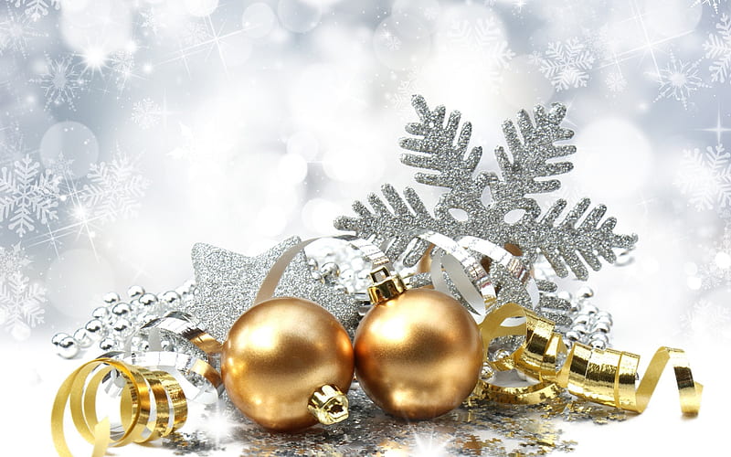 New Year, Christmas golden balls, snowflakes, christmas, christmas decorations, HD wallpaper