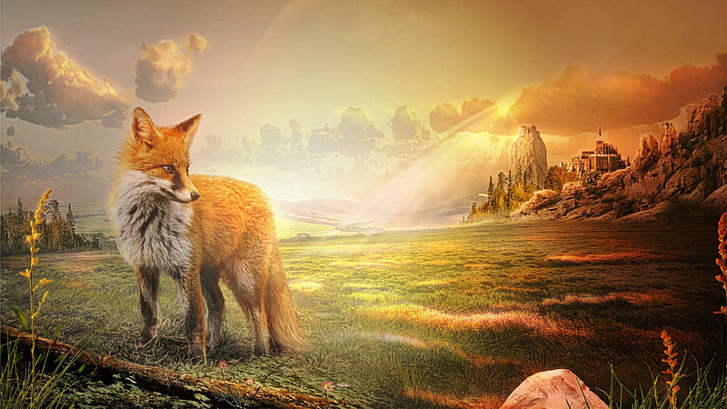 Fox is watching, red, castle, fox, light, HD wallpaper