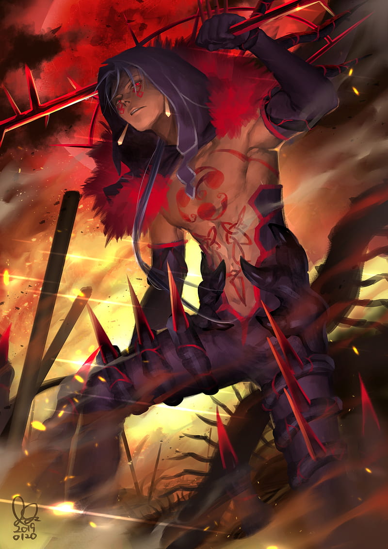 fate stay night, lancer, demon, sword, red eyes, anime boy, Anime, HD phone wallpaper