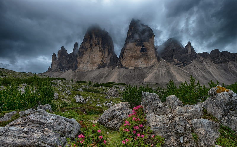 Mountains, Tre cime di Lavaredo, Cloud, Dolomites, Italy, Landscape, Rock, Vegetation, HD wallpaper