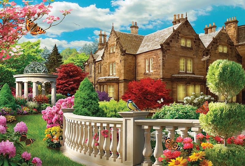 Majestic Mansion, house, artwork, butterflies, digital, garden, gazebo, flowers, HD wallpaper