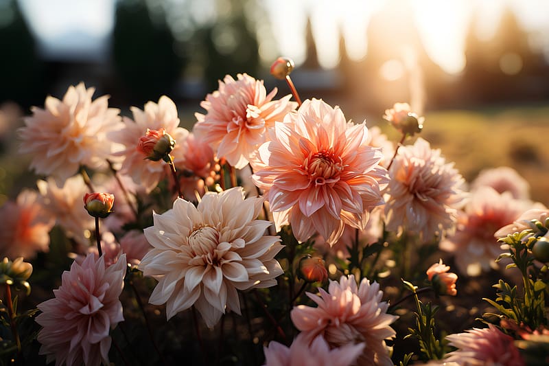 Beautiful dahlias, Flowers, Field, Sunset, Garden, HD wallpaper