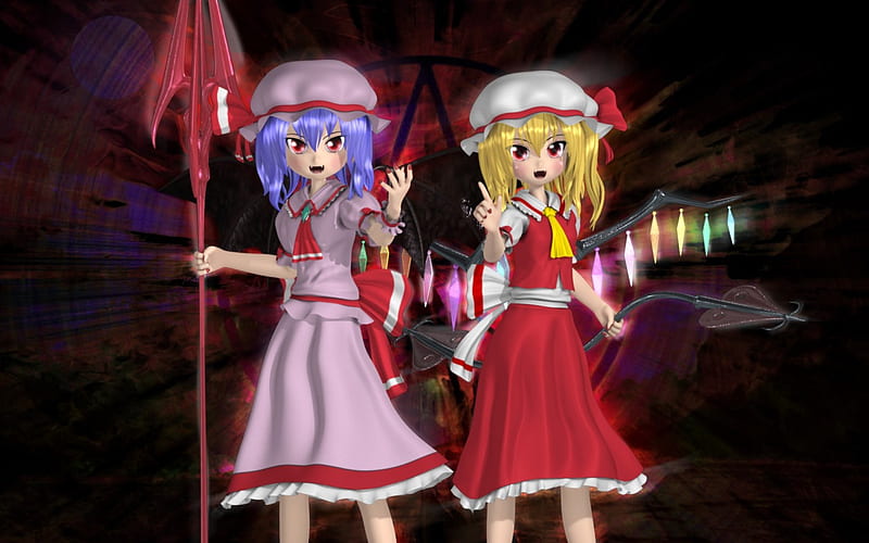 Sisters Scarlet, cg, scarlet, wing, horror, anime, touhou, anime girl, weapon, twins, realistic, black, blonde, sexy, short hair, cute, sinister, devil, red eyes, blond, evil, darkness, hot, female, flandre, blonde hair, blond hair, 3d, warrior, girl, blue hair, dark, remilia, HD wallpaper