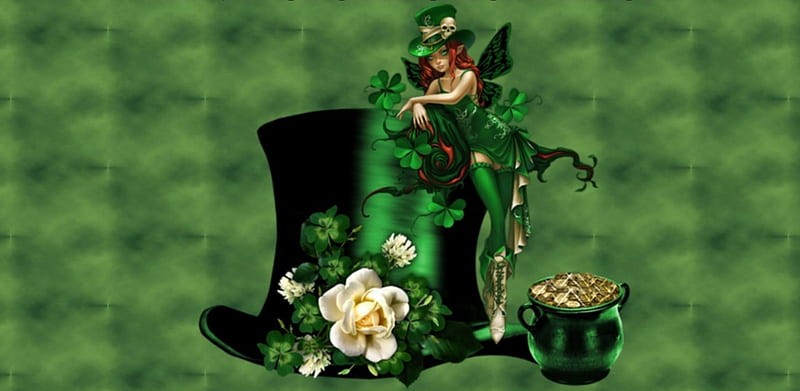 GREEN IRISH FAIRY, WINGS, HAT, FEMALE, GREEN, GOLD, HOLIDAY, FLOWER, FAIRY, HD wallpaper