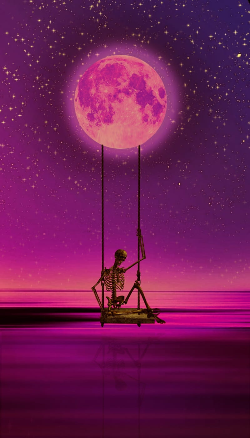 PinkDeathSwinging, moon, peace, pink, purple, skeleton, swinging, violet, water, HD phone wallpaper