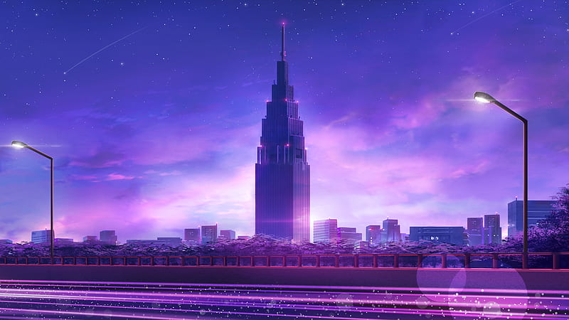 anime skyscraper, cityscape, buildings, architecture, night, streetlights, road, Anime, HD wallpaper