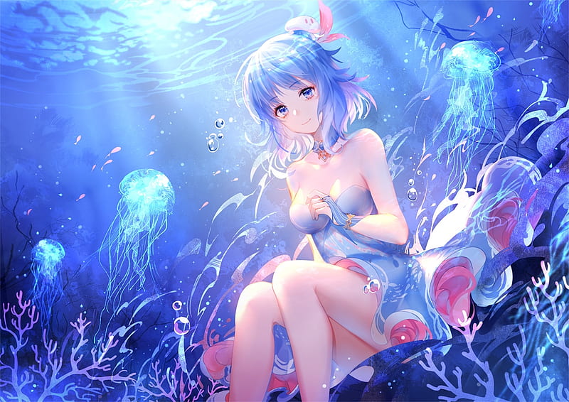:-), jellyfish, pink, sea, dress, luminos, manga, vara, water, girl, yu jiu, anime, summer, blue, HD wallpaper