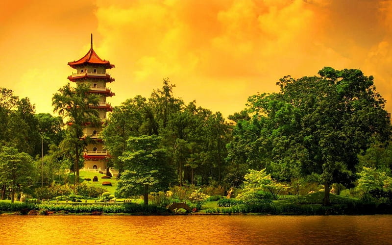 Chinese Tower, park, sunset, trees, sky, landscape, HD wallpaper