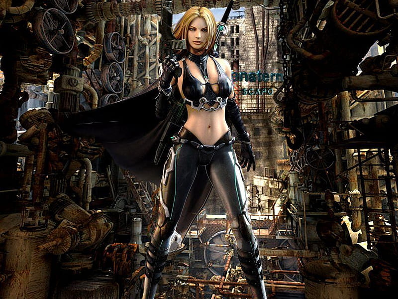 Female Warrior 1, city, gun, black, woman, sword, HD wallpaper